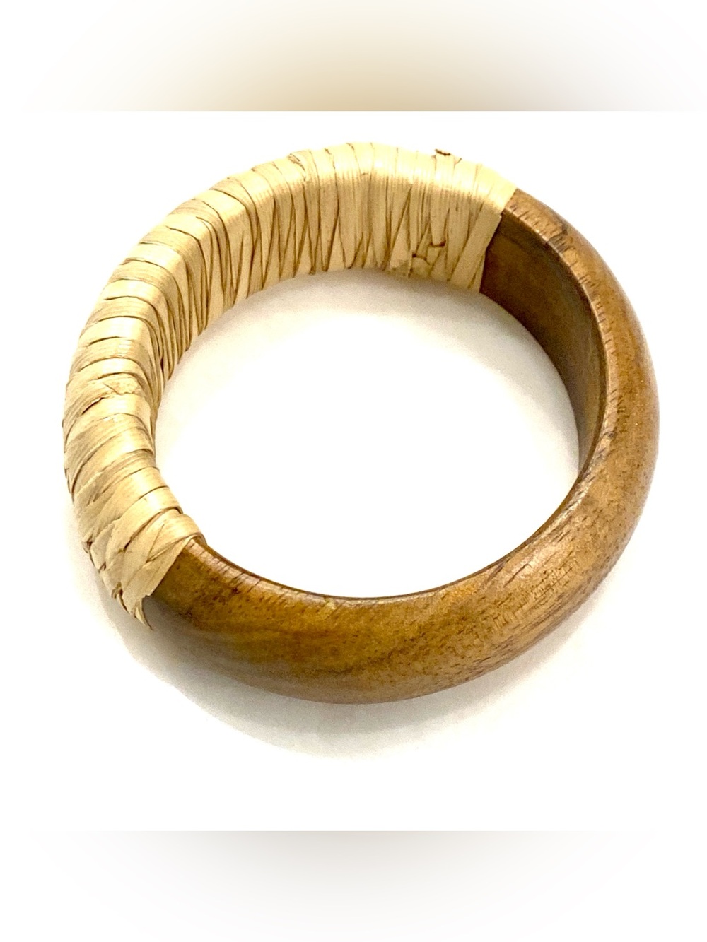 Vintage Chunky Wood and Woven Straw Bangle Bracelet Boho Raffia Rattan Wrap